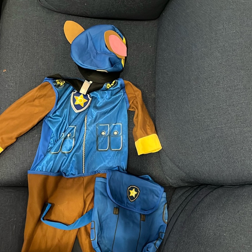 Paw patrol Chase Halloween costume, hat, outfit and back pack.